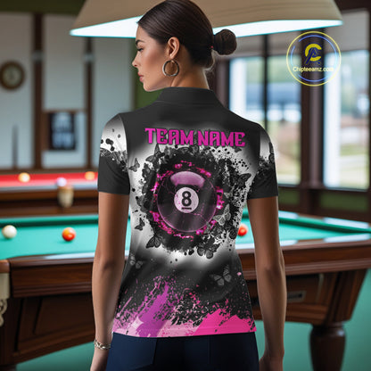 Black, White & Pink Billiard 8 Ball Pool Shirt For Women Custom Butterfly Grunge Team Billiard Jersey NYN3438