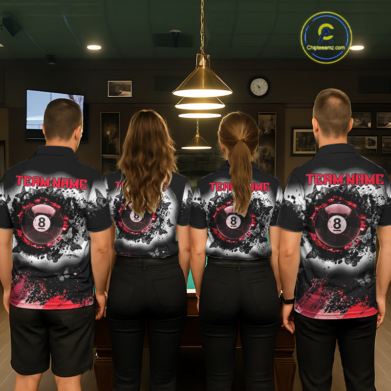 Black, White & Red Billiard 8 Ball Pool Shirt For Women Custom Butterfly Grunge Team Billiard Jersey NYN3439
