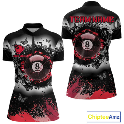 Black white red billiard 8 ball pool shirt for women butterfly grunge billiard jersey