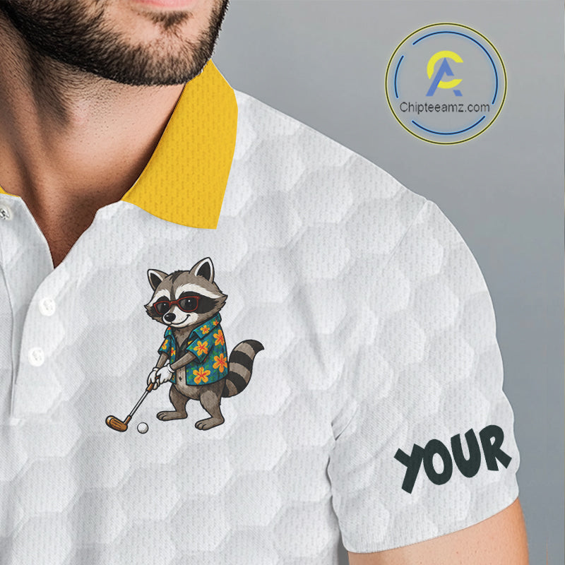 Custom Raccoon Golfer Golf Ball Team Attire Tropical Monstera Golf Polo Golf Shirts For Men NYN3991