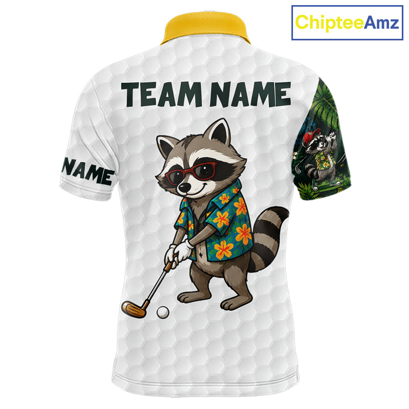 Custom Raccoon Golfer Golf Ball Team Attire Tropical Monstera Golf Polo Golf Shirts For Men NYN3991