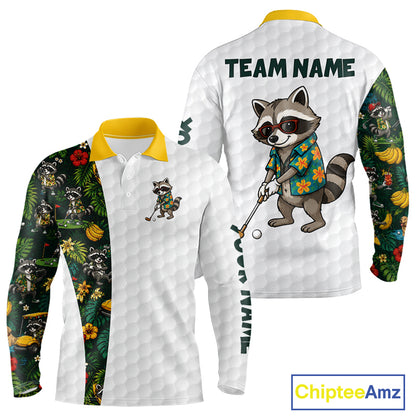 Custom Raccoon Golfer Golf Ball Team Attire Tropical Monstera Golf Polo Golf Shirts For Men NYN3991
