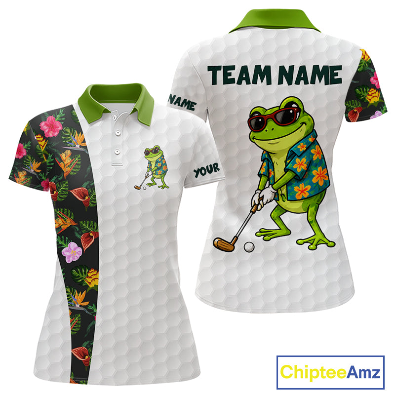 Custom Frog Golfer Golf Ball Team Attire Tropical Monstera Golf Polo Golf Shirts For Women NYN3992