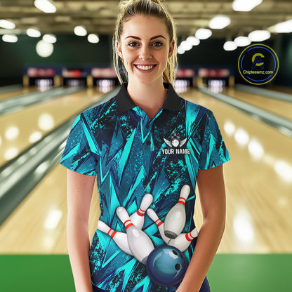 Strike Bowling Ball & Pins Grunge Cyan Women Bowling Shirts Personalized Bowling Team Outfits NYN3189