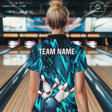 Load image into Gallery viewer, Strike Bowling Ball &amp; Pins Grunge Cyan Women Bowling Shirts Personalized Bowling Team Outfits NYN3189