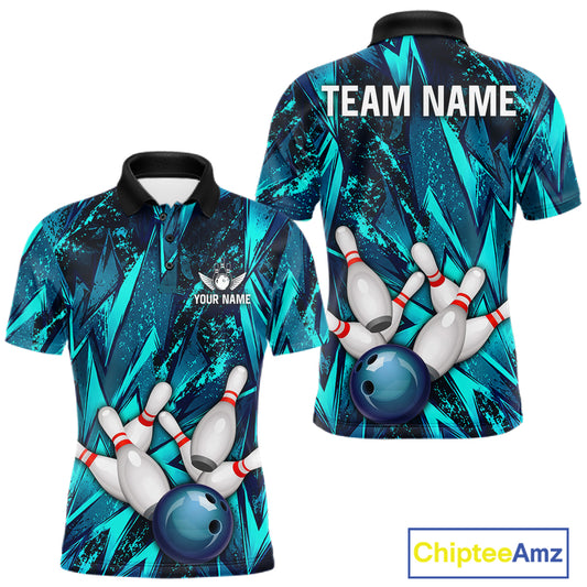 Strike Bowling Ball & Pins Grunge Cyan Men Bowling Shirts Personalized Bowling Team Outfits NYN3189