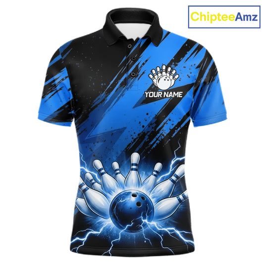 Thunder lightning bowling polo quarter zip shirt for men blue stripes bowling jersey