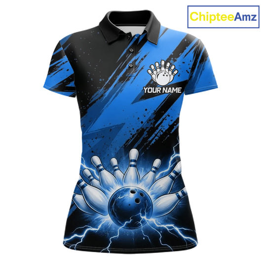 Thunder lightning bowling polo shirt for women blue stripes bowling jersey