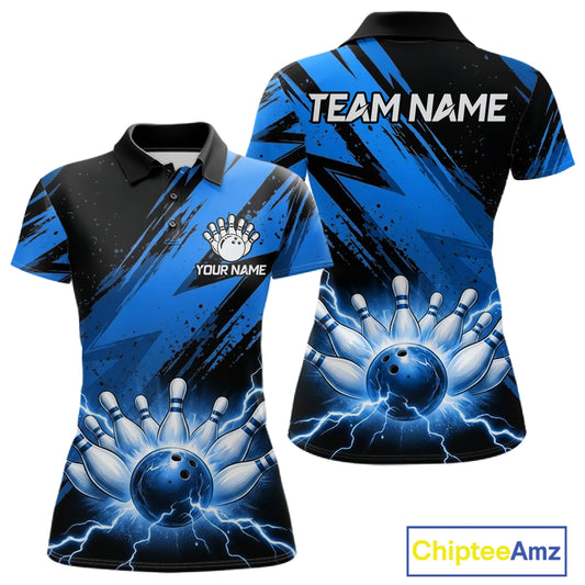 Thunder lightning bowling polo shirt for women blue stripes bowling jersey