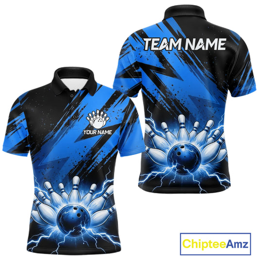 Thunder lightning bowling polo quarter zip shirt for men blue stripes bowling jersey