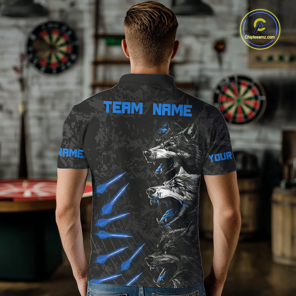 Custom Black And Blue Wolfs Grunge Dart Team Shirts For Men Outfits Dart Tournament Jerseys NYN4014