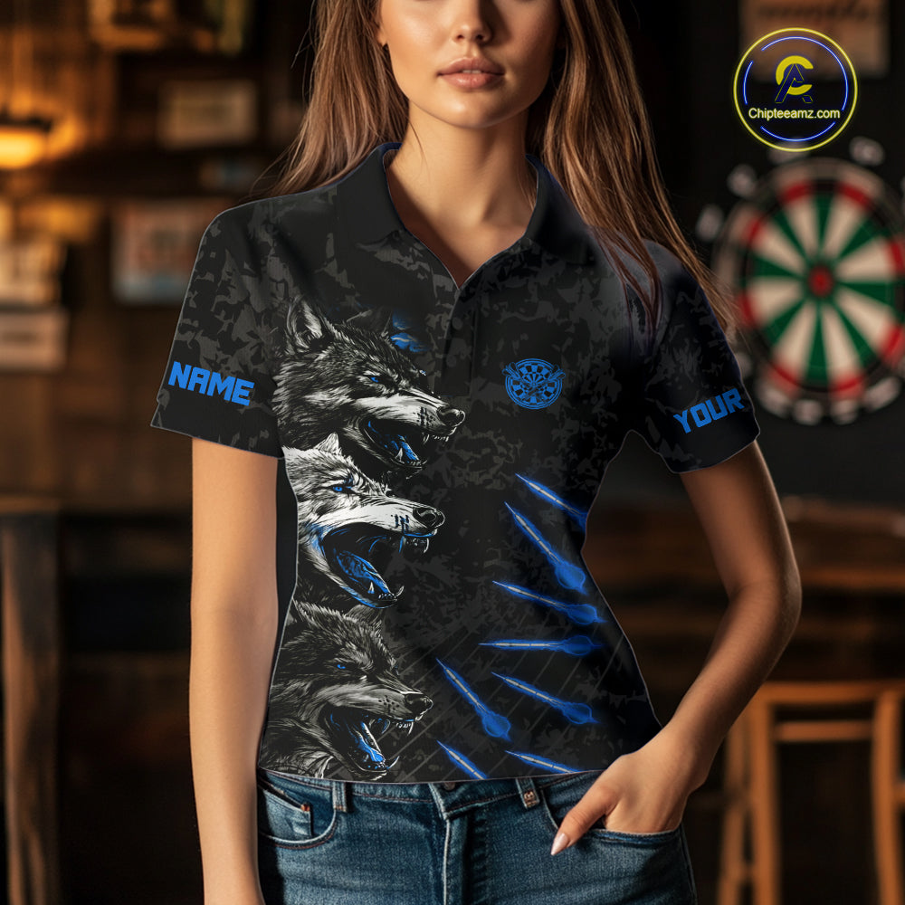 Custom Black And Blue Wolfs Grunge Dart Team Shirts For Women Outfits Dart Tournament Jerseys NYN4014
