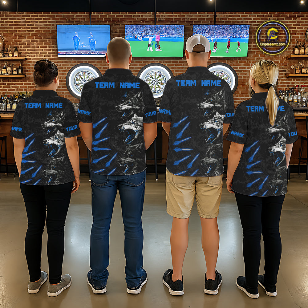 Custom Black And Blue Wolfs Grunge Dart Team Shirts For Men Outfits Dart Tournament Jerseys NYN4014