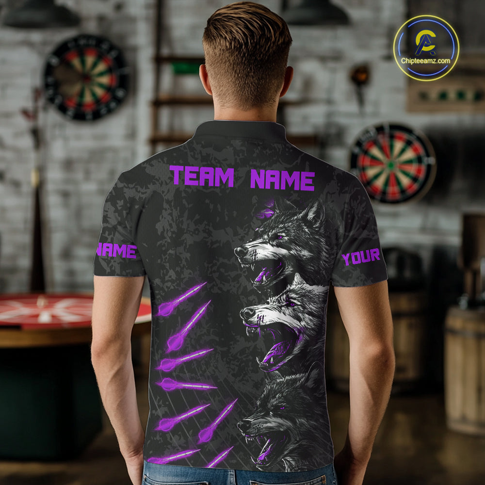 Custom Black And Purple Wolfs Grunge Dart Team Shirts For Men Outfits Dart Tournament Jerseys NYN4015