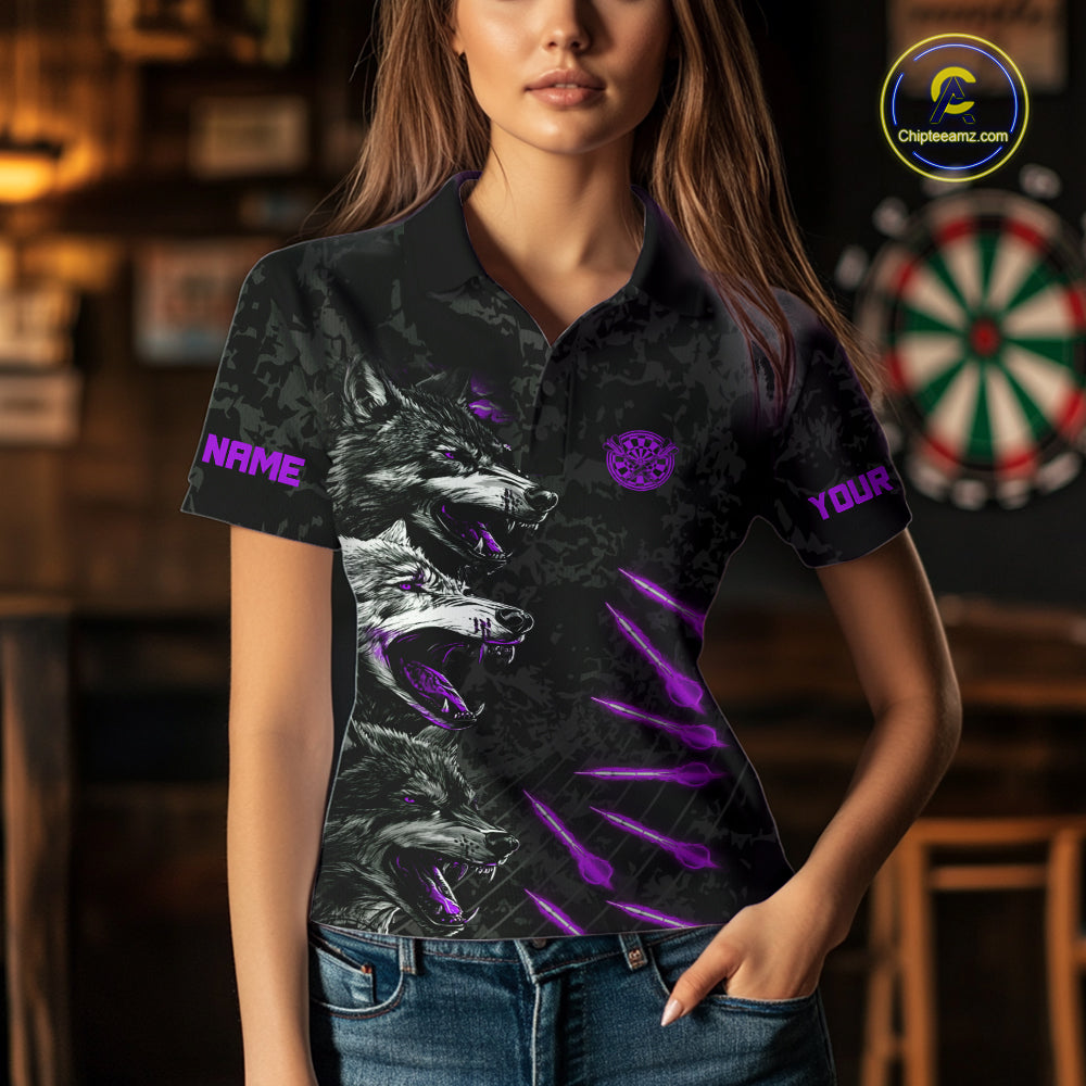 Custom Black And Purple Wolfs Grunge Dart Team Shirts For Women Outfits Dart Tournament Jerseys NYN4015