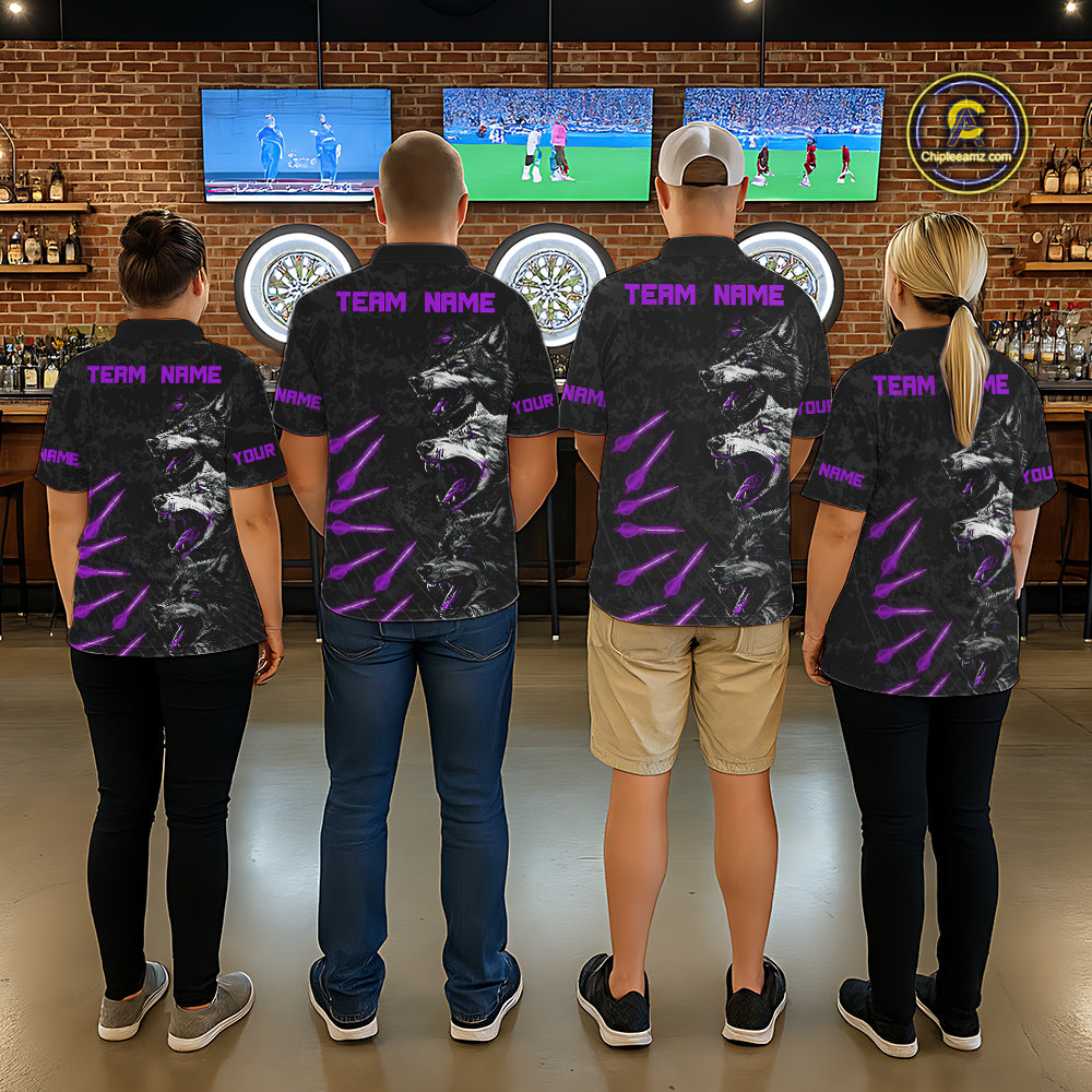 Custom Black And Purple Wolfs Grunge Dart Team Shirts For Men Outfits Dart Tournament Jerseys NYN4015