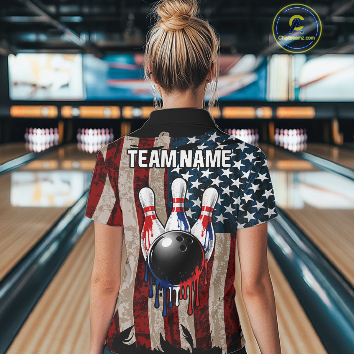 USA Flag Retro Patriot Bowling Team Shirt Custom Dripping Bowling Pins & Ball Womens Bowling Jersey NYN4019