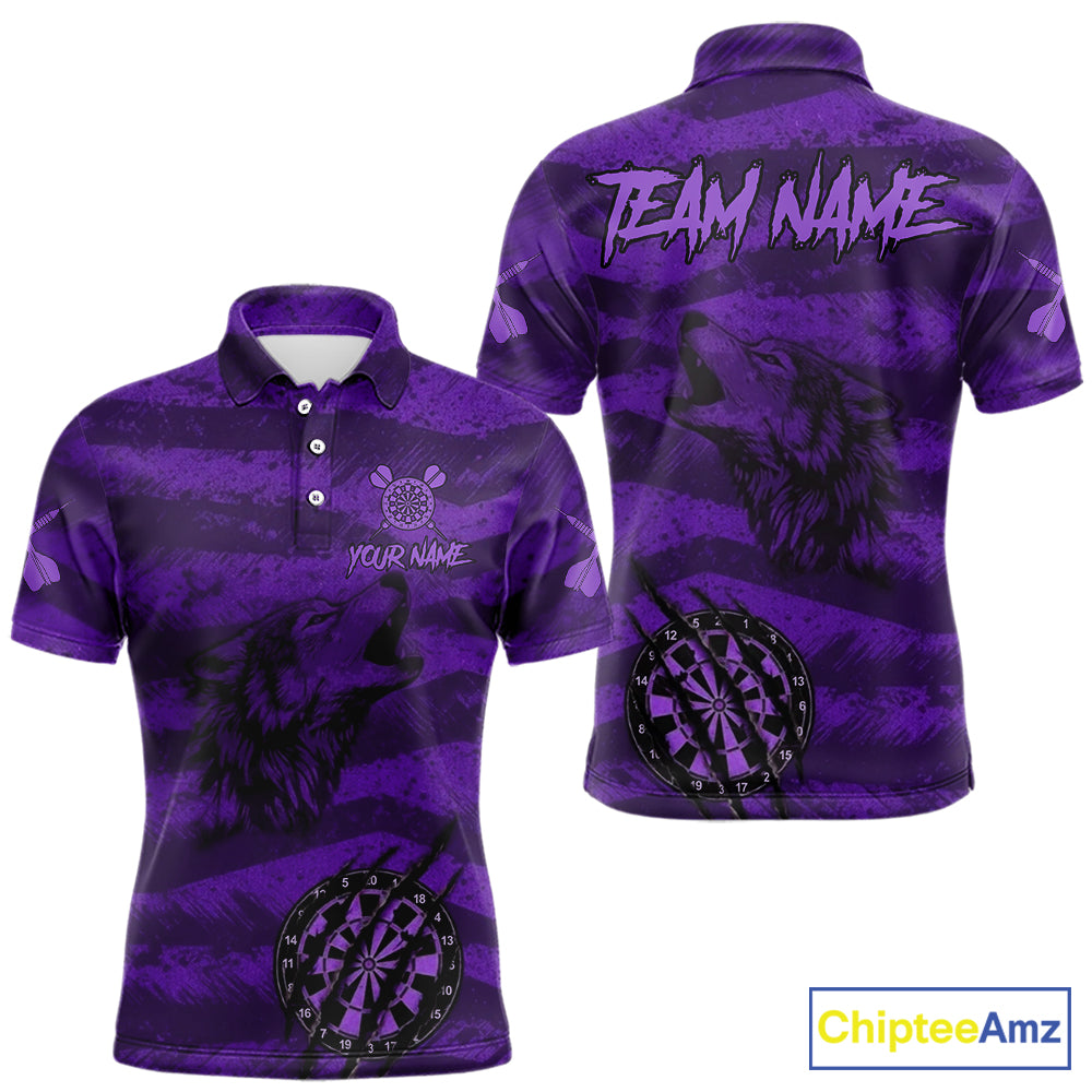 Custom Purple Grunge Wolf Torn Dartboard Men Darts Polo Shirt Wolf Dart League Jerseys NYN2167