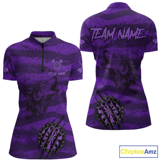 Custom Purple Grunge Wolf Torn Dartboard Women Darts Quarter-Zip Shirt Wolf Dart League Jerseys NYN2167