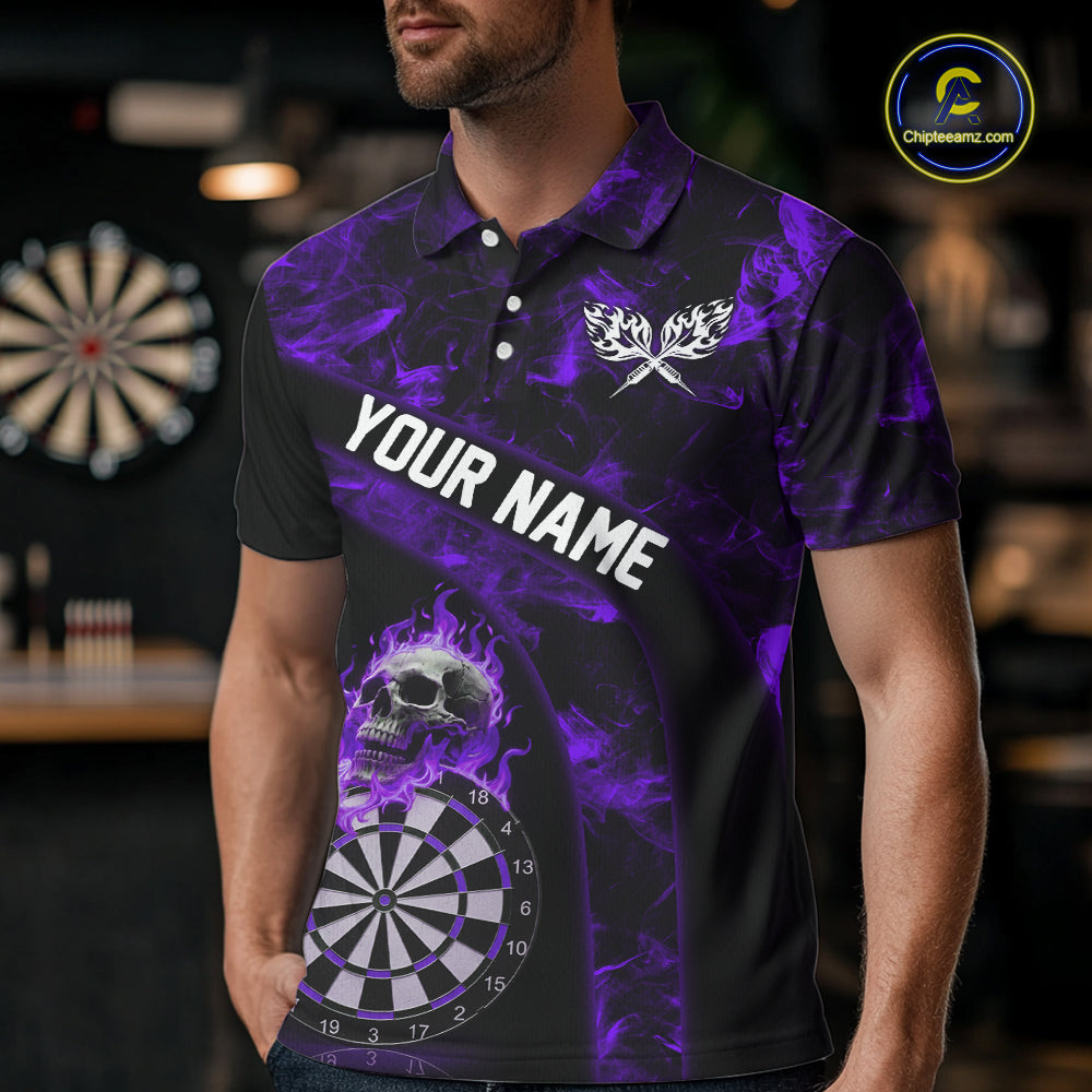 Custom Black & Purple Flaming Skull Darts Polo Shirt For Men Skull Dart League Jerseys NYN2170