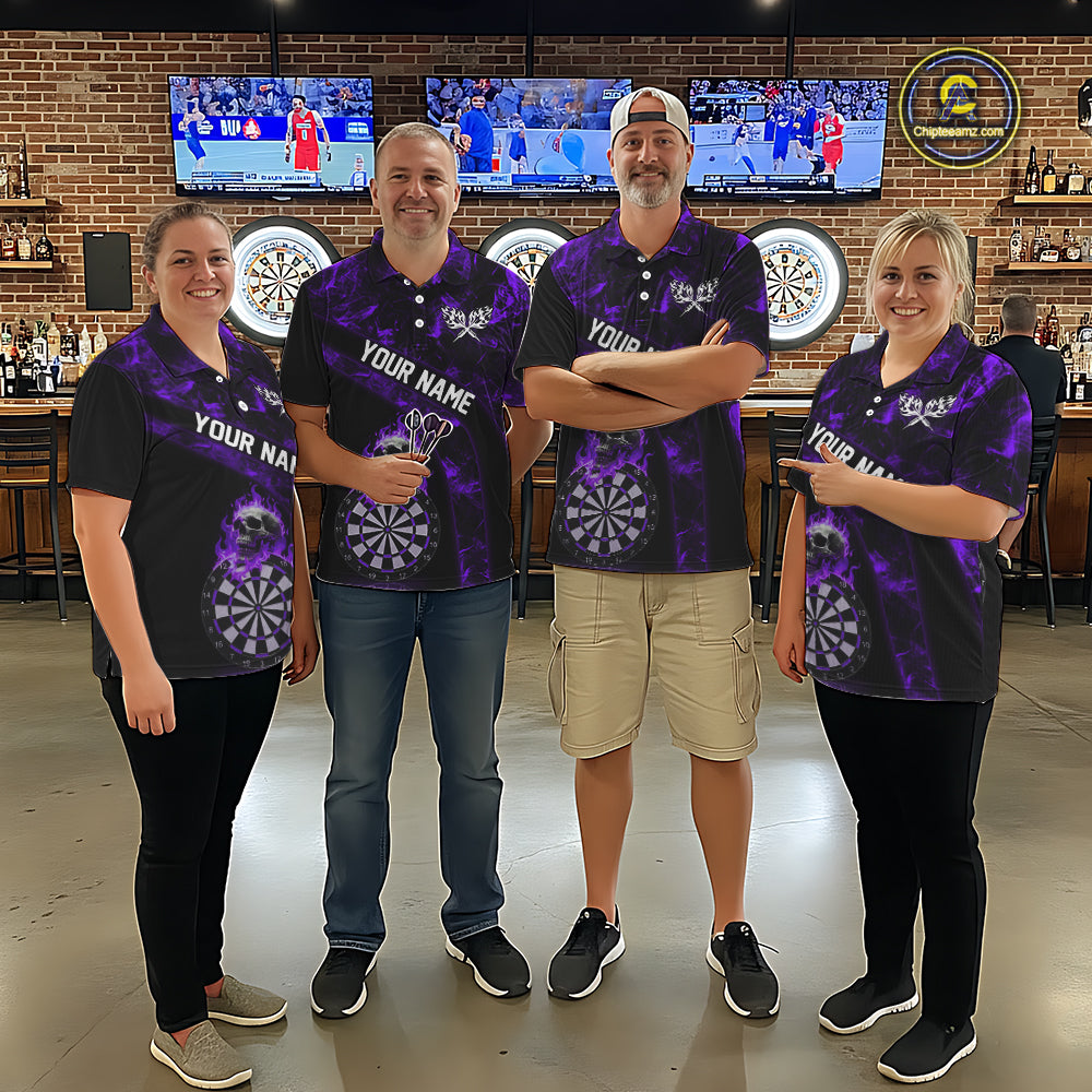 Custom Black & Purple Flaming Skull Darts Polo Shirt For Men Skull Dart League Jerseys NYN2170