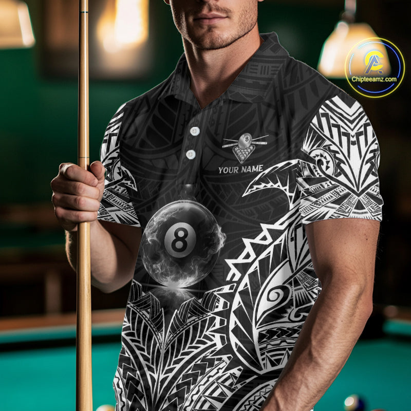 White Tribal Smoke 8 Ball Pool Men Polo & 1/4-Zip Shirt Personalized 3D Ball Billiard Gifts NYN2426