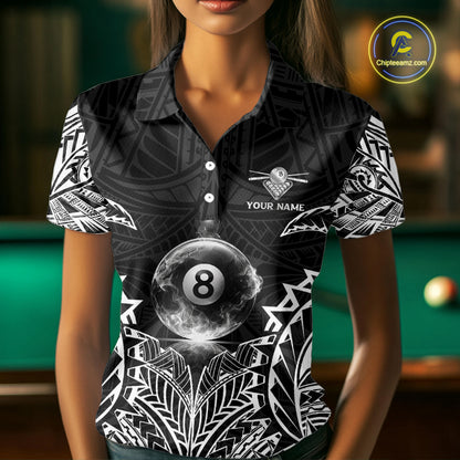 White Tribal Smoke 8 Ball Pool Women Polo & 1/4-Zip Shirt Personalized 3D Ball Billiard Gifts NYN2426