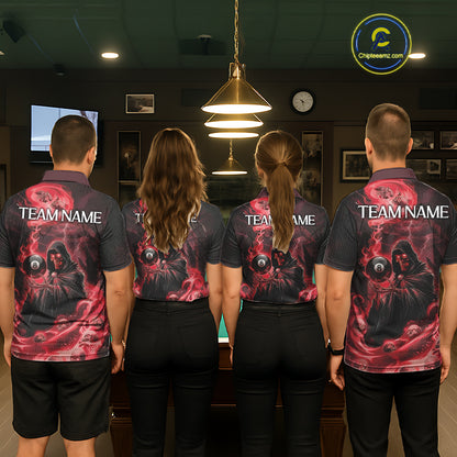 Grim Reaper Red Flames 8 Ball Pool Men Polo & 1/4-Zip Shirt Personalized Skull Billiard Gifts NYN2433
