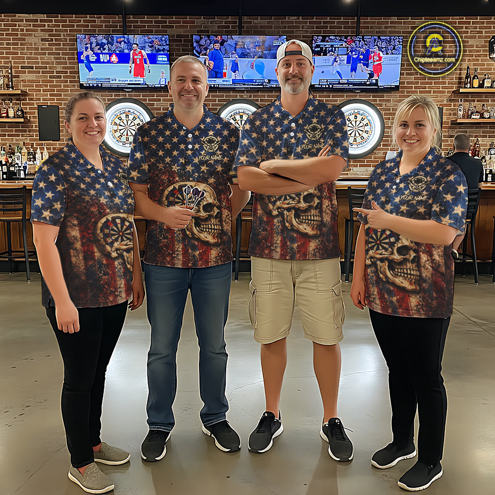 US Flag Retro Cracked Skull Dartboard Men Darts Quarter-Zip Shirt Custom Patriotic Vintage Dart Shirt NYN2660