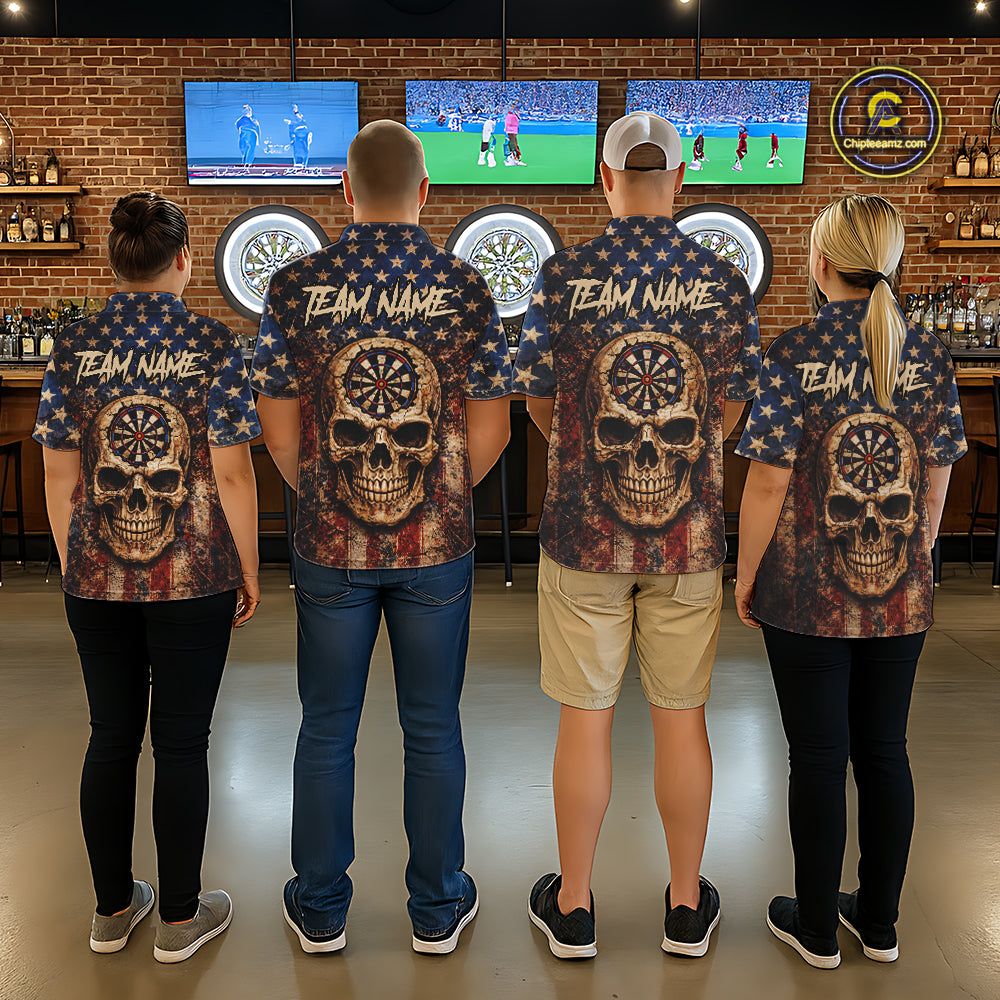 US Flag Retro Cracked Skull Dartboard Men Darts Quarter-Zip Shirt Custom Patriotic Vintage Dart Shirt NYN2660