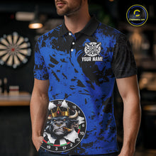 Load image into Gallery viewer, Personalized Black &amp; Grunge Crown Blue Funny Bull Cracked Darts Shirts For Men Dart Team Jerseys NYN2817