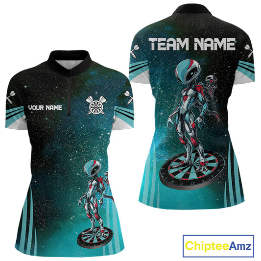 Turquoise Pattern Alien And Dartboards Custom Dart Shirts For Women, Dart Jerseys NYN0239