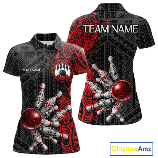 Red And Black Polynesian Tribal Bowling Ball & Pins Shirt For Women Custom Bowling Team Shirts Outfit NYN3201
