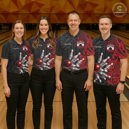Red And Black Polynesian Tribal Bowling Ball & Pins Shirt For Women Custom Bowling Team Shirts Outfit NYN3201