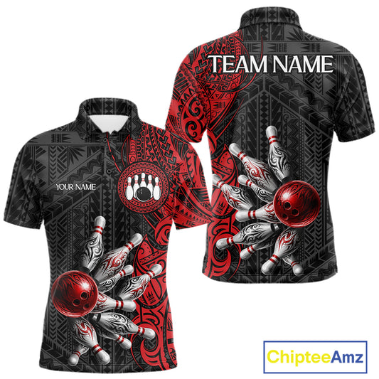 Red And Black Polynesian Tribal Bowling Ball & Pins Shirt For Men Custom Bowling Team Shirts Outfit NYN3201