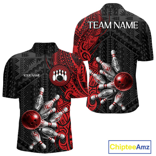 Red And Black Polynesian Tribal Bowling Ball & Pins Shirt For Men Custom Bowling Team Shirts Outfit NYN3201