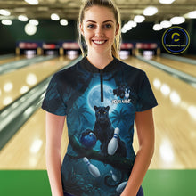 Load image into Gallery viewer, Woman wearing horror panther blue moon bowling shirt custom bowling apparel