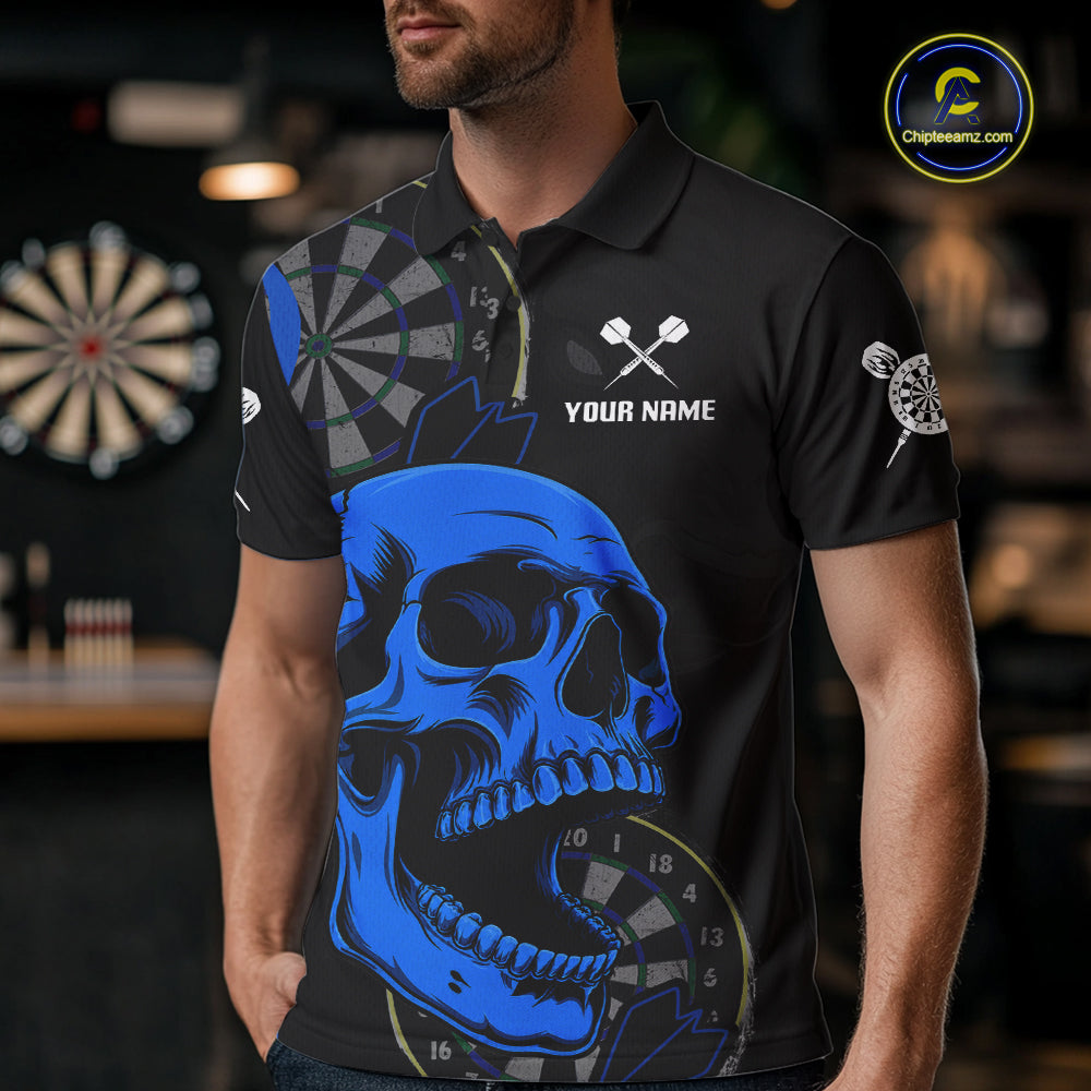 Male model wearing Black Blue Skull Darts Polo, Personalized Tournament Jersey