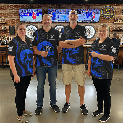 Dart team wearing Black Blue Skull Personalized Jerseys, Professional Dart Tournament Uniforms