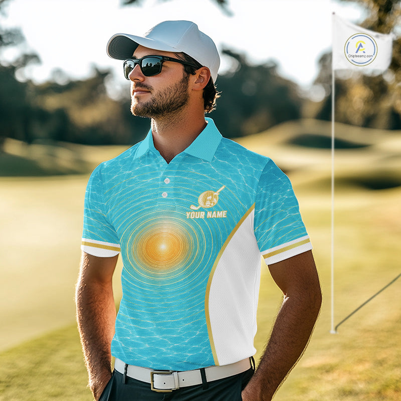 White, Gold And Blue Ocean Golf Polo Shirts For Men Custom Summer Golf Team Jersey, Golf Gifts NYN4032