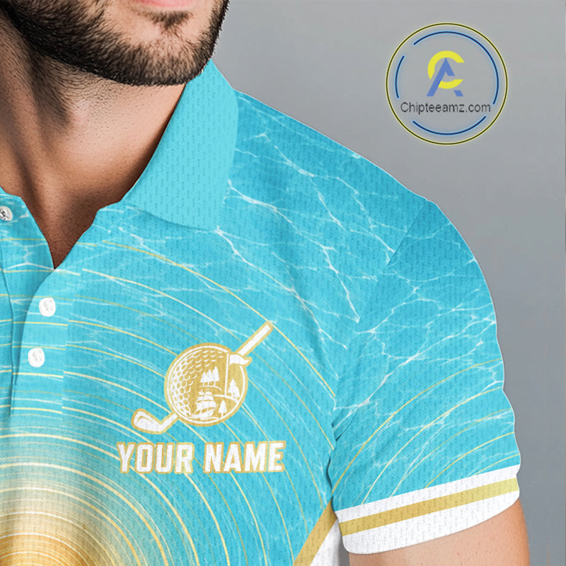 White, Gold And Blue Ocean Golf Polo Shirts For Men Custom Summer Golf Team Jersey, Golf Gifts NYN4032