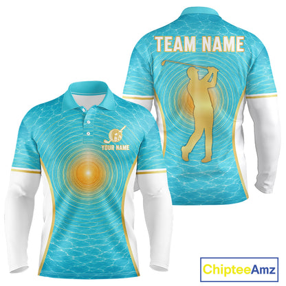 White, Gold And Blue Ocean Golf Polo Shirts For Men Custom Summer Golf Team Jersey, Golf Gifts NYN4032