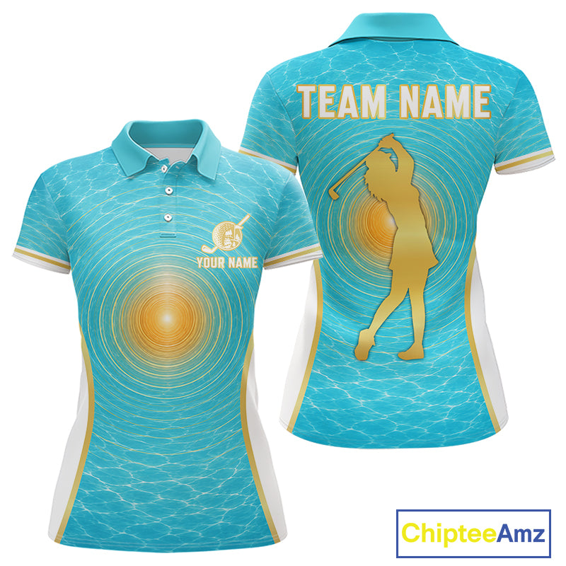 White, Gold And Blue Ocean Golf Polo Shirts For Women Custom Summer Golf Team Jersey, Golf Gifts NYN4032