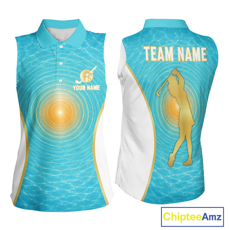 White, Gold And Blue Ocean Golf Sleeveless Polo Shirts For Women Custom Summer Golf Team Jersey, Golf Gifts NYN4032