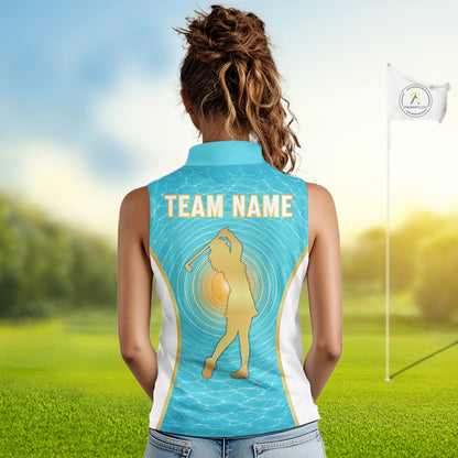 White, Gold And Blue Ocean Golf Sleeveless Polo Shirts For Women Custom Summer Golf Team Jersey, Golf Gifts NYN4032