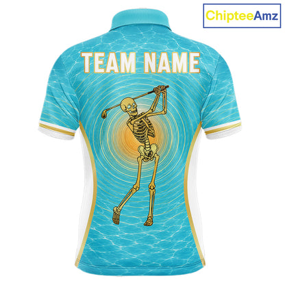 White, Gold & Blue Ocean Skeleton Golf Polo Shirts For Men Custom Skull Golf Team Jersey, Golf Gifts NYN4033