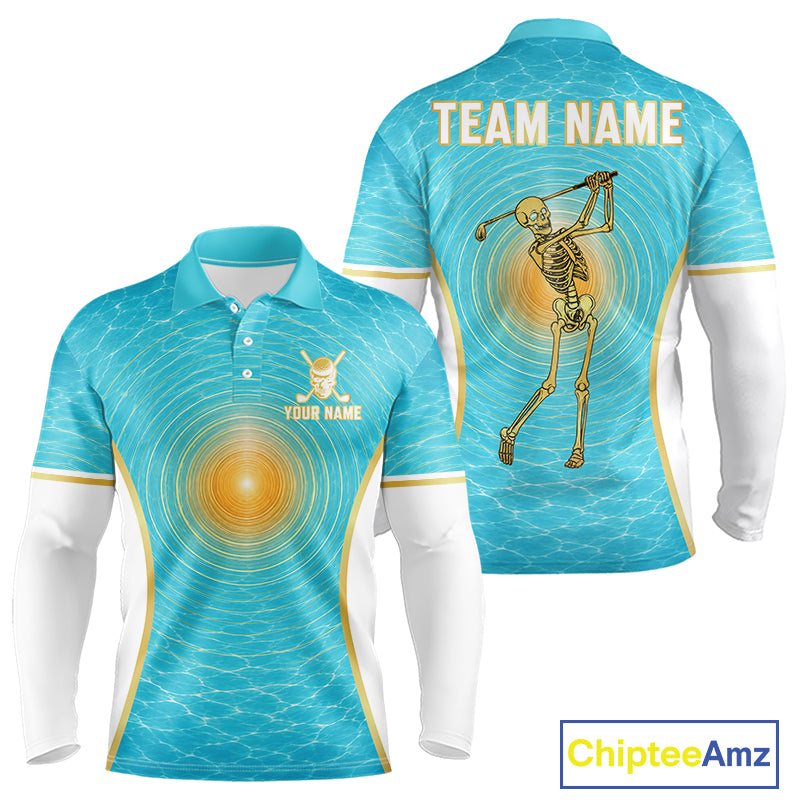 White, Gold & Blue Ocean Skeleton Golf Polo Shirts For Men Custom Skull Golf Team Jersey, Golf Gifts NYN4033