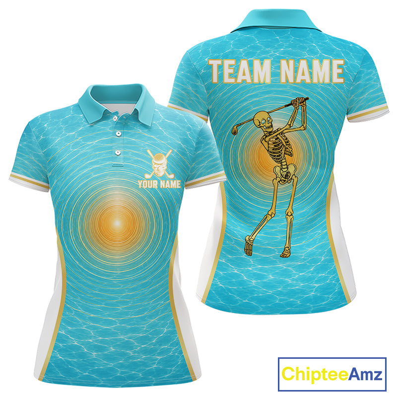 White, Gold & Blue Ocean Skeleton Golf Polo Shirts For Women Custom Skull Golf Team Jersey, Golf Gifts NYN4033