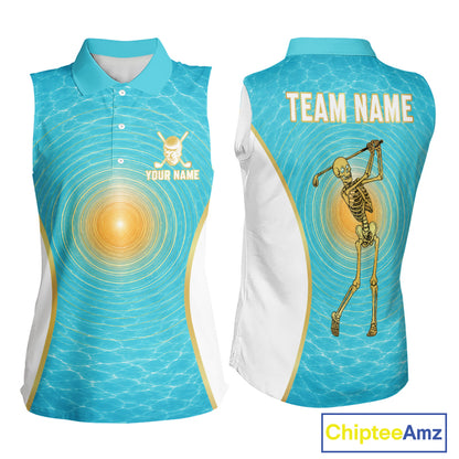 White, Gold & Blue Ocean Skeleton Golf Sleeveless Polo Shirts For Women Custom Skull Golf Team Jersey, Golf Gifts NYN4033