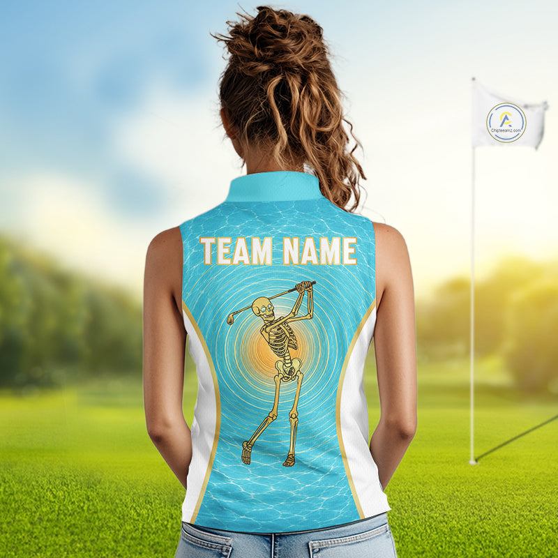 White, Gold & Blue Ocean Skeleton Golf Sleeveless Polo Shirts For Women Custom Skull Golf Team Jersey, Golf Gifts NYN4033